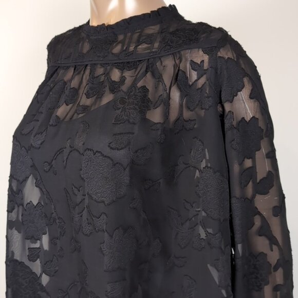 A.B.S Allen Schwartz Lace Shift Dress Long Sleeve Sheer Pleated Floral Cocktail - Picture 4 of 16